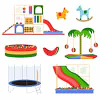 Vector gratuito sala de juegos para niños del centro comercial conjunto de colores planos de piscina con bolas de plástico trampolín carruseles elementos aislados ilustración vectorial