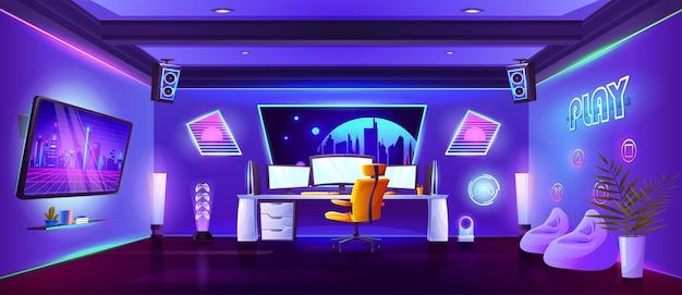 Sala de juegos nocturna con pantalla de neón y fondo vectorial de computadora Oficina de transmisión de videojuegos con ilustración interior clara y violeta Sala de estar con joystick de consola y configuración de juego