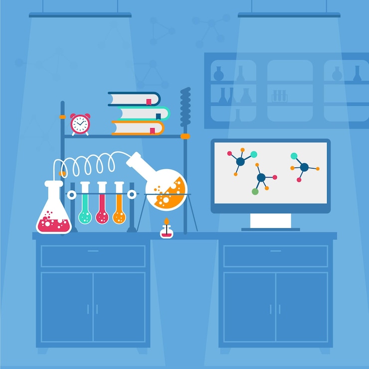 Vector gratuito sala de laboratorio de diseño plano con matraz