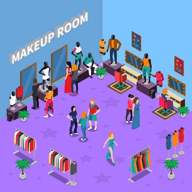Sala de maquillaje con maniquíes, ilustración isométrica.