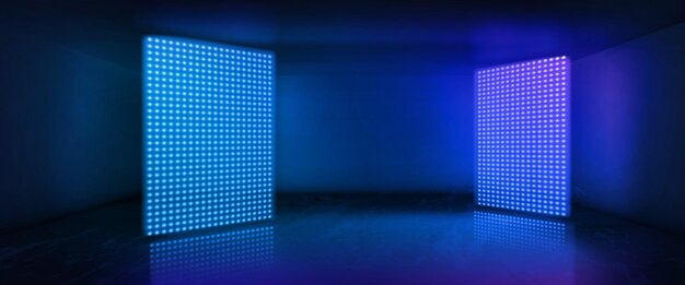 Sala de neón con fondo vectorial de escenario de luz LED Estudio abstracto oscuro con escena nocturna de pantalla Sala de televisión vacía para fiesta de baile o concierto Interior de sala de exposición azul 3d para diseño de juegos de casino