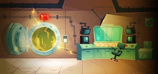 Sala de paneles de control en central nuclear con puerta abierta al reactor. Interior de dibujos animados de vector del centro de comando en búnker subterráneo, refugio o laboratorio secreto con resplandor verde de radiación