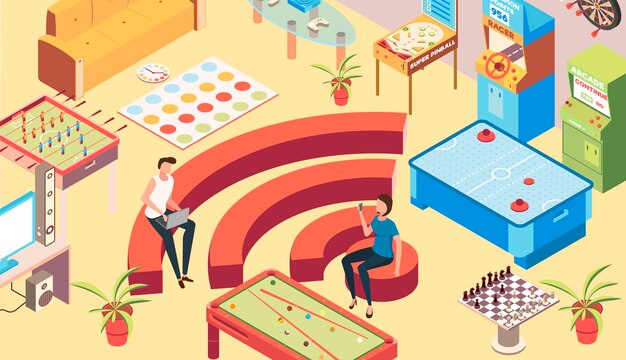 Sala de recreación isométrica con símbolos de zona wifi.
