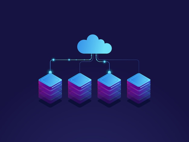 Sala de servidores, icono de almacenamiento en la nube, centro de datos y concepto de base de datos, proceso de intercambio de datos