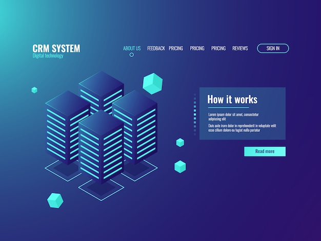 Sala de servidores, icono de almacenamiento en la nube, centro de información, servicios de alojamiento, centro de datos y base de datos