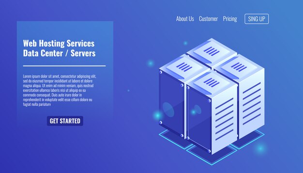 Sala de servidores, icono de bastidor isométrico, servicios de alojamiento web