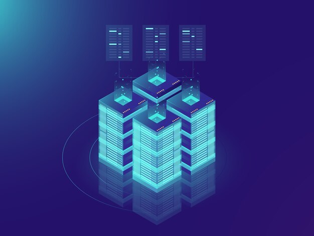 Sala de servidores isométrica y concepto de procesamiento de big data, centro de datos y el icono de base de datos