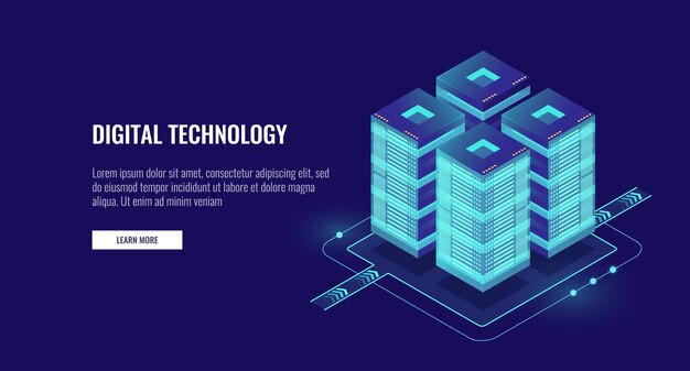 Sala de servidores isométrica, tecnología futurista de protección y procesamiento de datos.