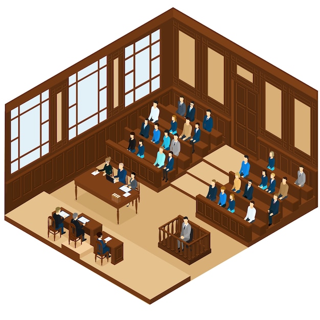 Sala de sesión judicial isométrica