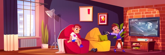Sala de videojuegos para niño con televisión y consola ilustración vectorial de dibujos animados interior de casa de jugador con jugador de carácter infantil amigos de la escuela se relajan y compiten con joystick en sillón