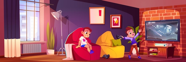 Vector gratuito sala de videojuegos para niño con televisión y consola ilustración vectorial de dibujos animados interior de casa de jugador con jugador de carácter infantil amigos de la escuela se relajan y compiten con joystick en sillón