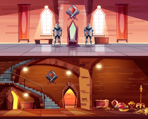 Salón de baile del castillo medieval con guardias de caballero cerca del trono real y antiguas mazmorras