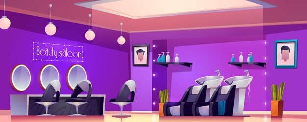 Salón de belleza interior, sala de estudio vacía para cortes de cabello y procedimientos de cuidado con escritorio de muebles