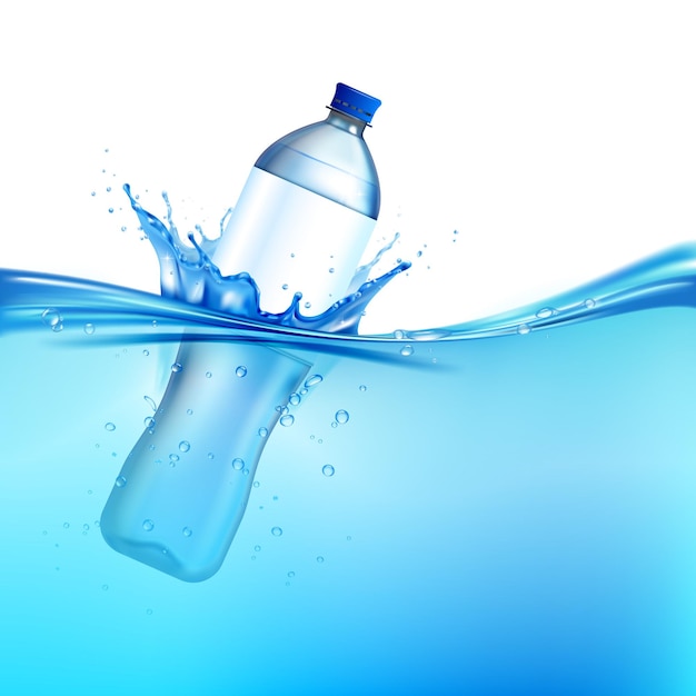 Vector gratuito salpicadura de botella de plástico en agua azul ilustración vectorial realista