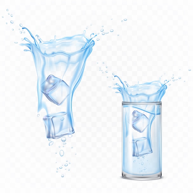 Salpicaduras de agua con cubitos de hielo y vidrio. Movimiento dinámico de líquido puro con gotitas y burbujas de aire, elemento de hidratación pura para aislamiento aislado. Ilustración de vector 3d realista