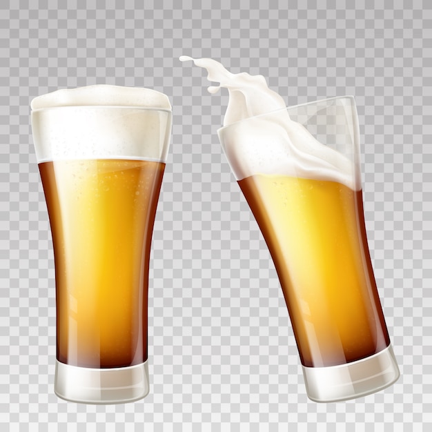 Vector gratuito salpicaduras de cerveza realistas en vidrio transparente.