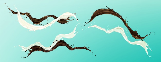 Salpicaduras de chocolate y leche, flujo de crema y cacao líquido, café