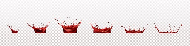 Salpicaduras de vino, jugo tinto o sangre aisladas sobre fondo transparente. Vector realista conjunto de ondas líquidas con gotas de jugo de fruta clara, fresa, uva o cereza
