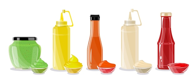 Salsas planas con botellas y platos de queso wasabi ketchup mayonesa chili ilustración vectorial aislada