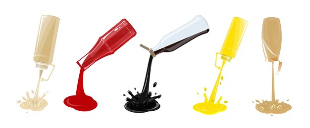 Salsas que se vierten de botellas de plástico y vidrio planas con queso de soja mayonesa ketchup mostaza ilustración vectorial aislada