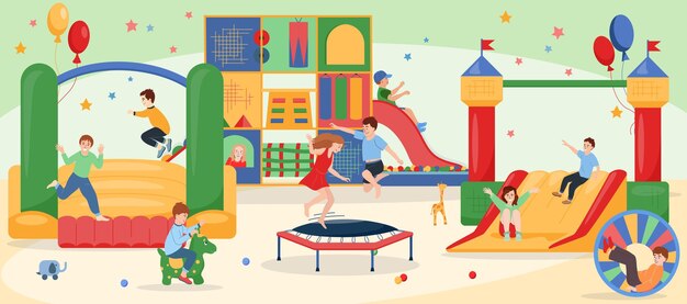 Saltando en la composición del trampolín con personajes de niños saltando en castillos hinchables con globos festivos estrellas ilustración vectorial