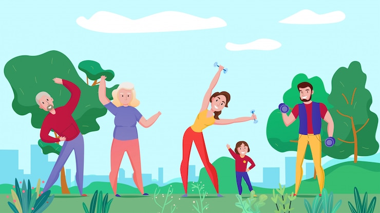 Vector gratuito salud familiar deporte fitness composición horizontal plana con abuelos padres niño ejercicio con pesas ilustración al aire libre