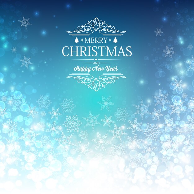 Saludo azul feliz navidad y año nuevo tarjeta decorativa con deseos, bola de nieve y otros elementos decorativos