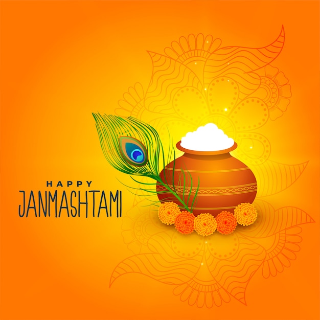 Vector gratuito saludo decorativo amarillo brillante feliz janmashtami dahi handi