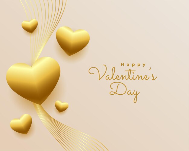 Saludo del día de san valentín con corazones dorados y líneas onduladas
