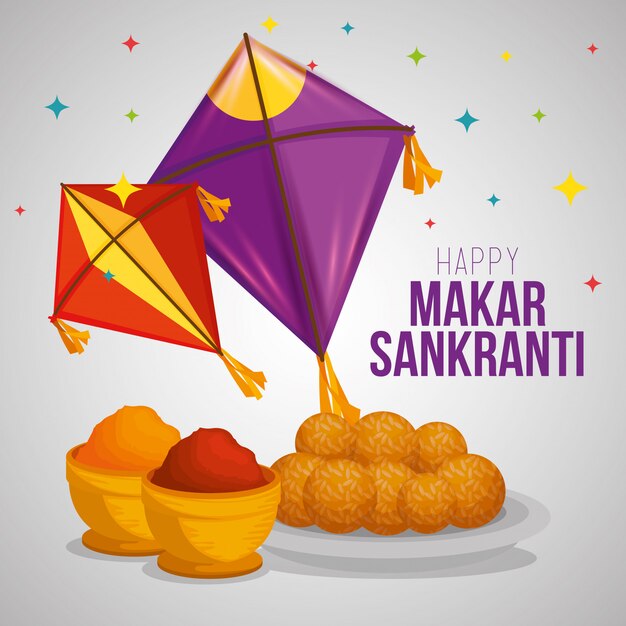 Saludo de Makar Sankranti con cometas y comida