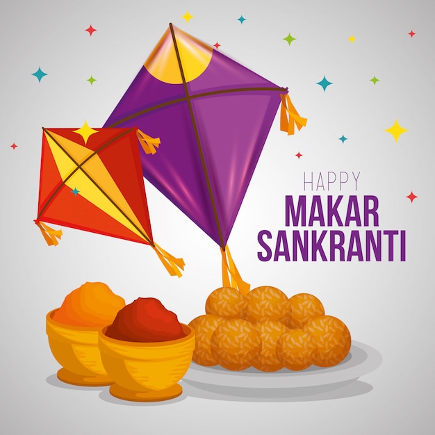 Saludo de Makar Sankranti con cometas y comida