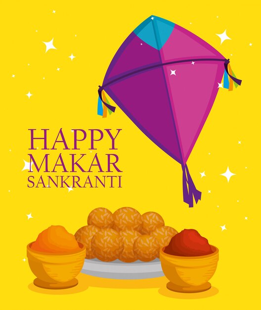Saludo de Makar Sankranti con cometas y comida