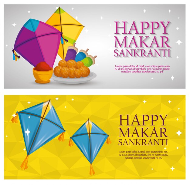 Saludo de Makar Sankranti con pancartas de cometas