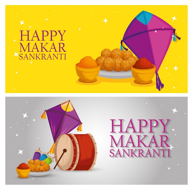 Saludo de Makar Sankranti con pancartas de cometas