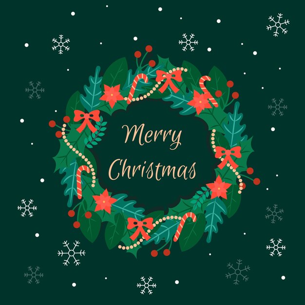 Saludo de Navidad y corona en diseño plano