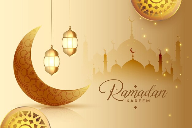 Saludo religioso de ramadán kareem con linterna de luna y decoración de mezquita