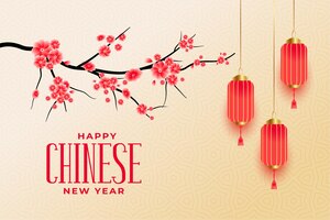 Vector gratuito saludos de feliz año nuevo chino con flores de sakura y linternas
