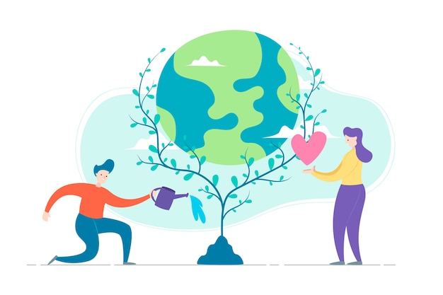 Salva el concepto del planeta con personas que cuidan la tierra