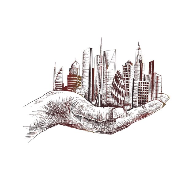 Salvar la naturaleza mano humana sosteniendo la ciudad contra el diseño de la camiseta Concepto de ecología y día de la tierra