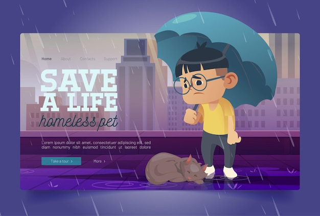 Salvar pancarta de mascota sin hogar con pobre gato y niño