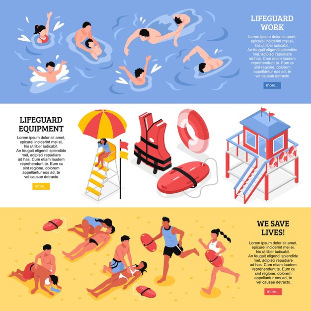 Los salvavidas de playa, pancartas horizontales, ilustraban equipos de trabajo de salvavidas y accesorios de rescate isométricos