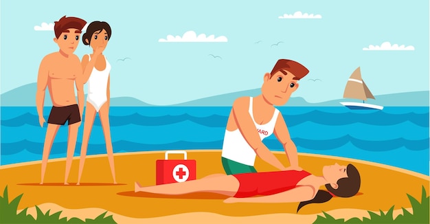 Vector gratuito salvavidas salvando ahogándose ilustración salvavidas profesional haciendo respiración artificial salvavidas dando primeros auxilios a una mujer asustada amiga en la playa