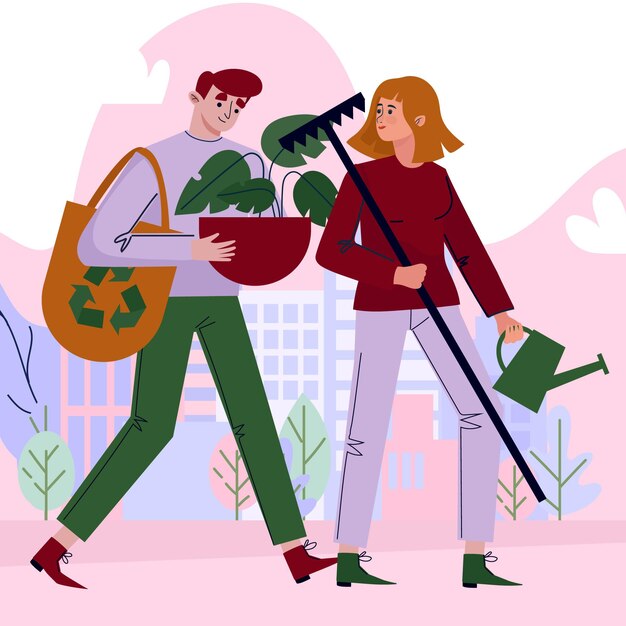Salve el concepto del planeta con personas plantando y reciclando