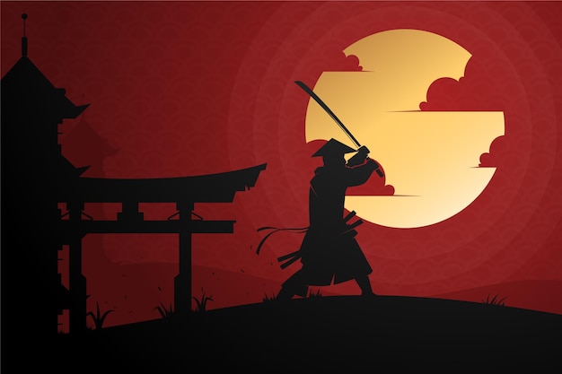 Vector gratuito samurai degradado en el fondo del amanecer