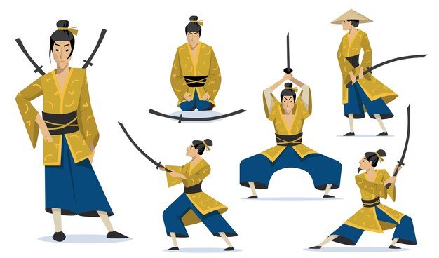 Samurai en diferentes poses. Guerreros japoneses tradicionales con kimono, caminar, meditar, entrenar habilidades de lucha.