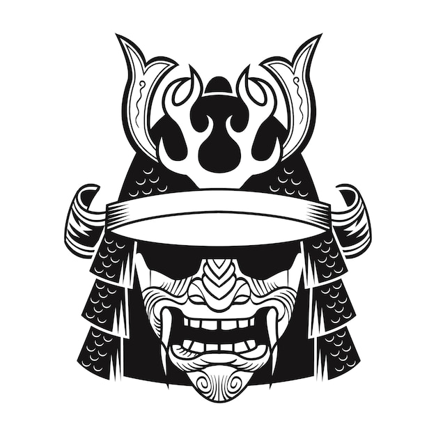 Samurai en máscara negra. Luchador tradicional de Japón. Ilustración de vector aislado vintage