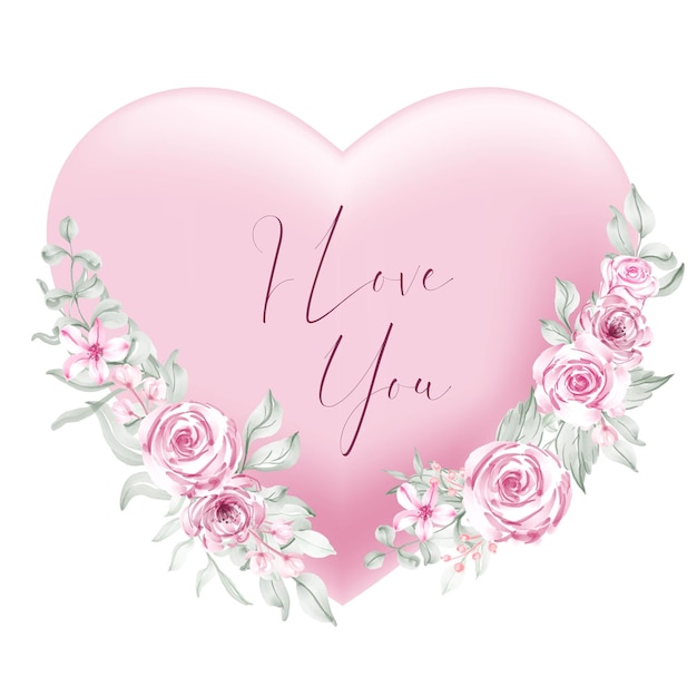 Vector gratuito san valentín en forma de corazón rosa te amo palabras con flores y hojas de acuarela