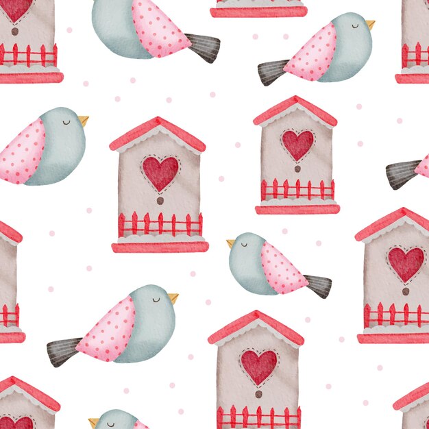 San Valentín de patrones sin fisuras con pájaros y casas.