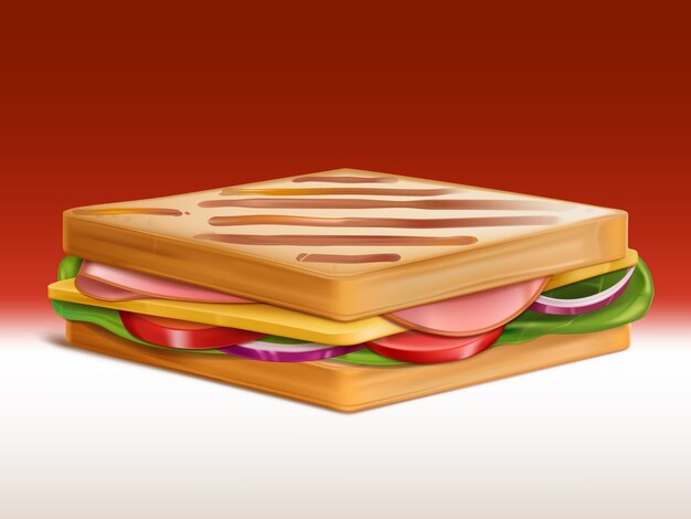 Sándwich de jamón, queso, tomate, cebolla y ensalada entre dos trozos de pan tostado en pan tostado.