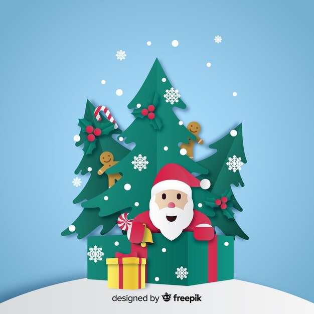 Santa y árboles de navidad en papel estilo